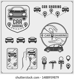 Car sharing service emblems and logos. Transport renting service mobile app. Vector illustration.