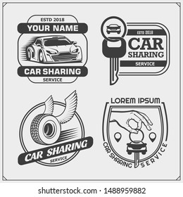 Car sharing service emblems and logos. Transport renting service mobile app. Vector illustration.