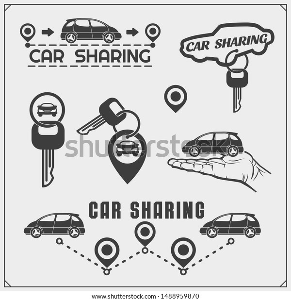 Car sharing service emblems and\
logos. Transport renting service mobile app. Vector\
illustration.
