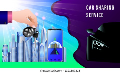 Car Sharing Service. Hand delivers keys with electronic keychain. Dark silhouette of a sports car with headlights on, front view. Smartphone showing the route.  City skyscrapers under the sunlight.