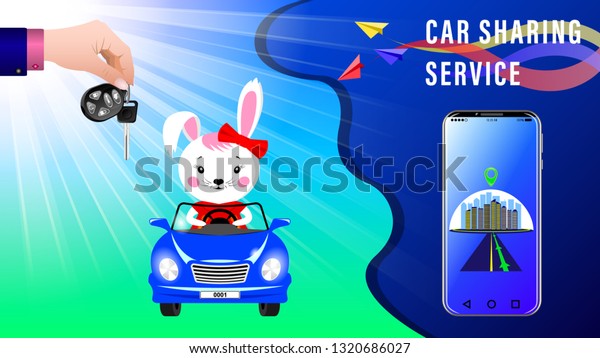 Car Sharing Service. Hand delivers keys\
with electronic keychain. Cartoon Bunny rides in a convertible\
under the sunlight, front view. Smartphone showing the route.\
Realistic 3d Vector\
illustration.
