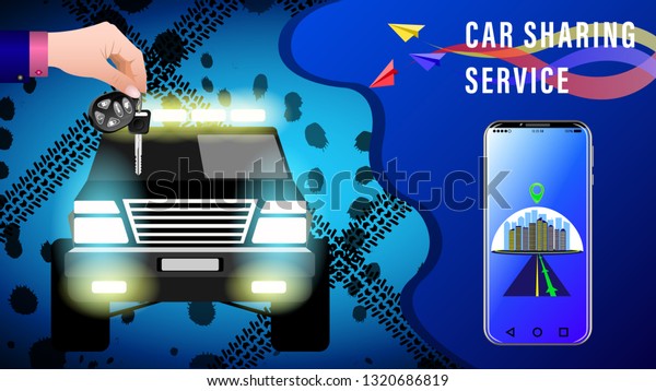 Car\
Sharing Service. Hand delivers keys with electronic keychain. SUV\
with headlights on against the background of traces of dirt from\
the wheels, front view. Smartphone showing the\
route.
