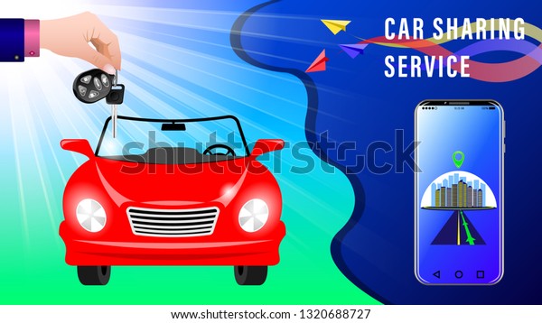 Car Sharing Service.\
Hand delivers keys with electronic keychain. Red convertible under\
the sunlight, front view. Smartphone showing the route. Colorful\
paper airplanes.