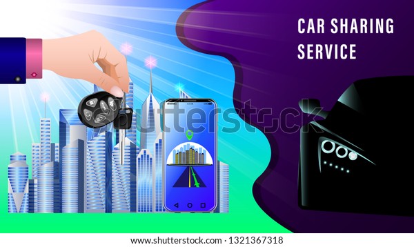 Car Sharing Service. Hand delivers keys with\
electronic keychain. Dark silhouette of a sports car with\
headlights on, front view. Smartphone showing the route.  City\
skyscrapers under the\
sunlight.