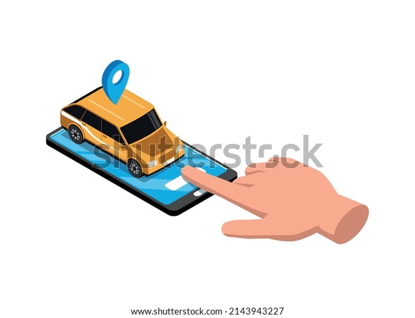 Car sharing\
service icon with human hand ordering automobile using smartphone\
app isometric vector\
illustration