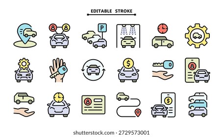 Conjunto de iconos de servicio de uso compartido de automóviles. Símbolos editables de contorno plano de color para App modernos de movilidad y alquiler. Listo para aplicaciones móviles y plataformas de reserva.