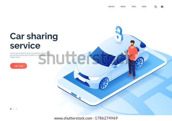Car\
sharing service isometric illustration. A man with smartphone\
standing next to a carsharing auto. Vehicle rental via mobile app.\
City transport. Design element for your\
business.