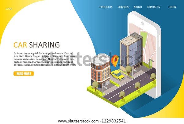 Car sharing service landing page website\
template. Vector isometric smartphone with city street and auto for\
rent in parking area. Carpooling service via smartphone with\
carsharing mobile app\
concept.