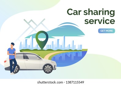 Car sharing service lettering, man, car and cityscape. Transport, vehicle concept. Presentation slide template. Vector illustration can be used for topics like business, navigation, transportation