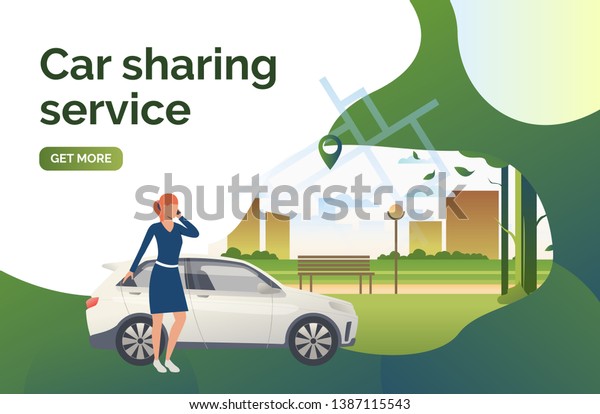 Car sharing service lettering, woman, car,\
city park. Transport, vehicle concept. Presentation slide template.\
Vector illustration can be used for topics like business,\
navigation, transportation