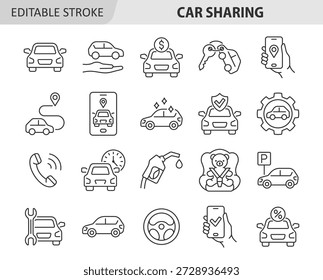Car sharing service line icon set. Auto rent vector collection with smartphone, parking, application, payment, transport, discount, cleaning, refueling, baby car seat, repair, steering wheel. Editable stroke.