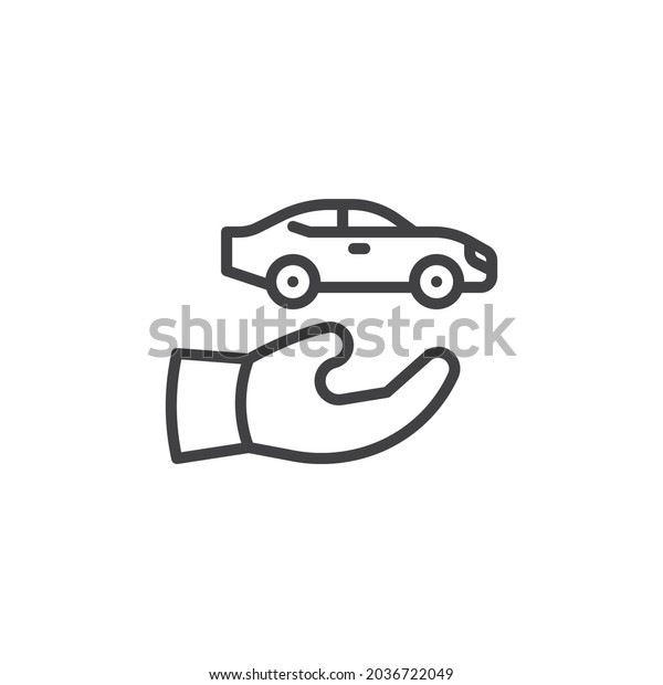 Car sharing service line\
icon. linear style sign for mobile concept and web design. Hand\
holding car outline vector icon. Symbol, logo illustration. Vector\
graphics