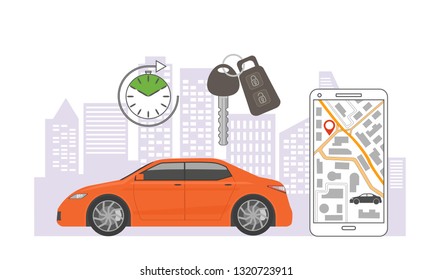 Car sharing service mobile app for vehicle rental vector illustration