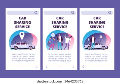 Car sharing service mobile app pages vector template. Illustration of car app service, web page for rent car, carsharing