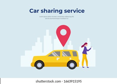 Car sharing service. mobile city transportation vector illustration concept for web landing page template, banner, flyer and presentation.