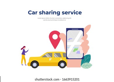 Car sharing service. mobile city transportation vector illustration concept for web landing page template, banner, flyer and presentation.