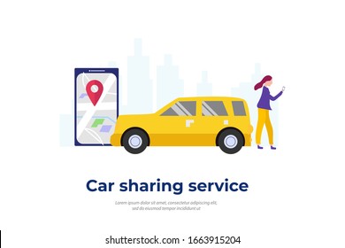 Car sharing service. mobile city transportation vector illustration concept for web landing page template, banner, flyer and presentation.