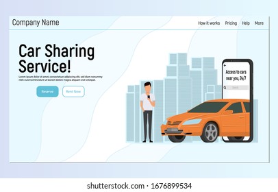 Car sharing service. Online ordering car, rent and sharing using car sharing service. Man with a smartphone near a car with city background.