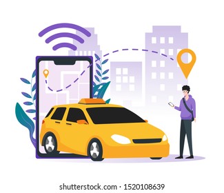 Car sharing service, online taxi, mobile city transportation concept. Man order vehicle on street by smartphone app