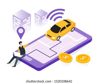 Car sharing service, online taxi, mobile city transportation concept. Man ordering online taxi using mobile application service with route and point location