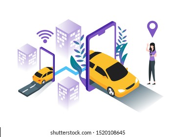 Car sharing service, online taxi, mobile city transportation concept. Woman ordering online taxi on smartphone