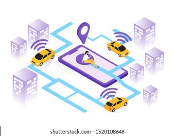 Car sharing service, online taxi, mobile city transportation concept. Woman ordering taxi with smartphone application