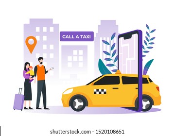 Car sharing service, online taxi, mobile city transportation concept. Family ordering taxi with smartphone app