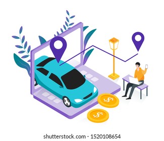 Car sharing service, online taxi, rent car, mobile city transportation concept. Man ordering online taxi cab with point location