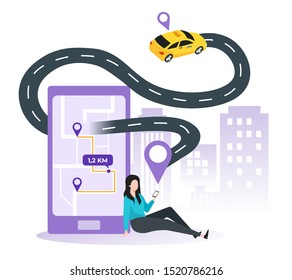 Car sharing service, online taxi, mobile city transportation concept. Woman ordering taxi using mobile application service