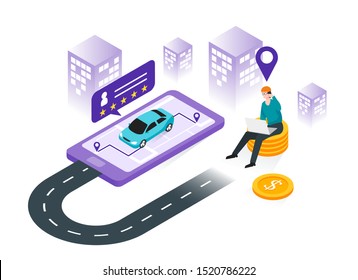 Car sharing service, online taxi, mobile city transportation concept. Illustration for landing page, infographic, banner and presentation