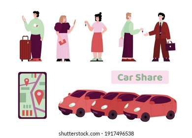 Car sharing service. People searching taxi or order rent vehicle online. Flat cartoon vector illustration isolated on a white background.