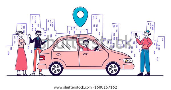 Car sharing service. People\
searching transport with map location pin, renting vehicle. Vector\
illustration for transfer, transportation, urban, technology\
concept