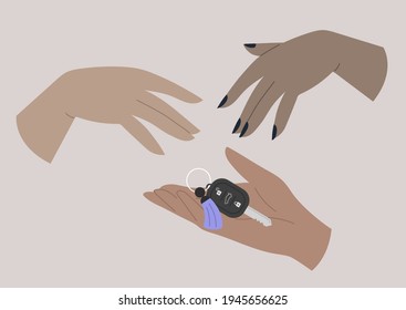 A car sharing service, a set of hands giving and taking a remote control key