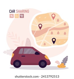 Servicio de uso compartido de coches. Compartir automóvil para ir al trabajo. Servicio de alquiler, aplicación en línea. Auto en carretera, mapa de la ciudad con ubicación de los coches. Sistema de navegación, ilustración vectorial plana