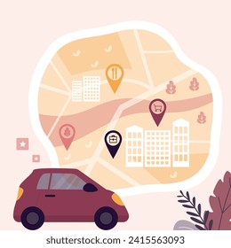 Car sharing service. Share automobile for commuting. Rental service, online app. Auto on road, city map with cars location. Navigation system, choosing auto. flat vector illustration