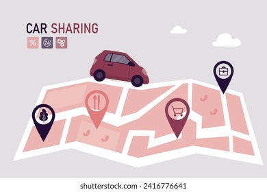 Servicio de uso compartido de coches. Compartir automóvil para ir al trabajo. Servicio de alquiler, aplicación en línea. Auto en carretera, mapa de ciudad con ubicación de coches y sistema de navegación, seleccione su auto para compartir. ilustración vectorial plana