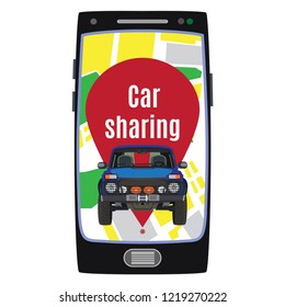 Car sharing service vector flat illustration isolated on white background. Mobile phone with map, auto for rent. Carpooling or ride sharing service via smartphone with carsharing mobile app concept.