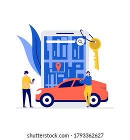 Car sharing service vector illustration concept with characters. People using mobile application for rent car and share transport online. Modern flat style for web banner, infographics, hero images.