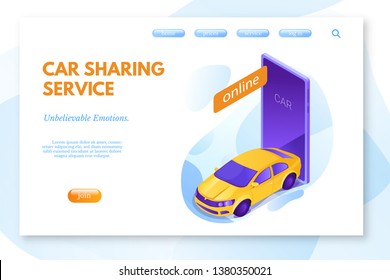 Car sharing service vector landing page template. Car rental app for smartphone. Automobile online booking system. Preparation before drive. Effective money economy