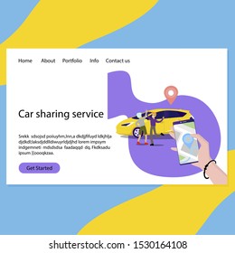 Car sharing service web page landing. Transportation service carshare, ordering auto rent, vector illustration