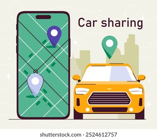 Car sharing service. Yellow car near huge smartphone with map. City infrastructure and transport system. Urban transportation. Travel and trip. Flat vector illustration isolated on white background