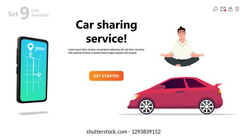 Car sharing service. Yoga calm man and car. Mobile city transportation concept,  Online car sharing with cartoon character and screen smartphone, can use for web design, landing page, ui, template