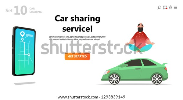 Car sharing\
service. Yoga calm man and car. Mobile city transportation concept,\
 Online car sharing with cartoon character and screen smartphone.\
Map on screen smartphone.\
Vector