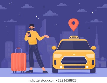 Car sharing service. Young guy with smartphone in his hand next to car. Convenient offer and modern service for travel and tourism. Poster or banner for website. Cartoon flat vector illustration