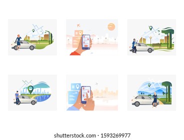Car sharing set. Drivers near vehicle, city map, mobile phone app. Flat vector illustrations. Urban transport, service concept for banner, website design or landing web page