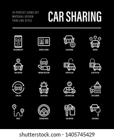 Car sharing set. Mobile app on smartphone, driver license, toute, key, car inspection, route, open and close car, sync thin line icons. Vector illustration.