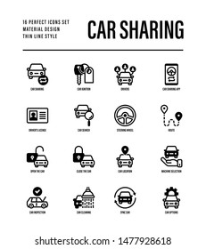 Car sharing set. Mobile app on smartphone, driver license, route, key, car inspection, route, open and close car, sync thin line icons. Vector illustration.