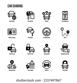 Car Sharing Set. Mobile App On Smartphone, Driver License, Route, Key, Car Inspection, Route, Open And Close Car, Sync Thin Line Icons. Vector Illustration.