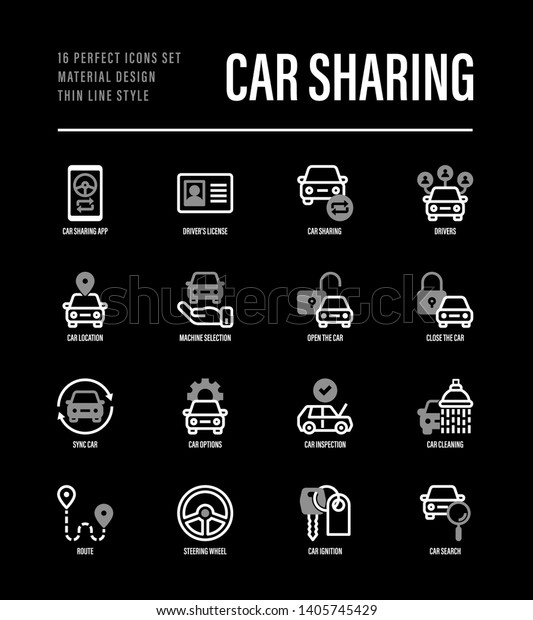 Car sharing set. Mobile app on
smartphone, driver license, toute, key, car inspection, route, open
and close car, sync thin line icons. Vector
illustration.
