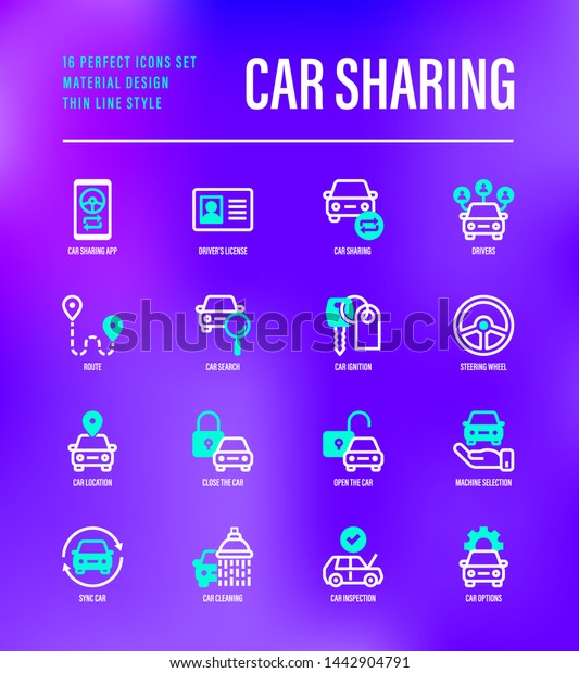 Car sharing set. Mobile app on\
smartphone, driver license, toute, key, car inspection, route, open\
and close car, sync thin line icons. Vector\
illustration.